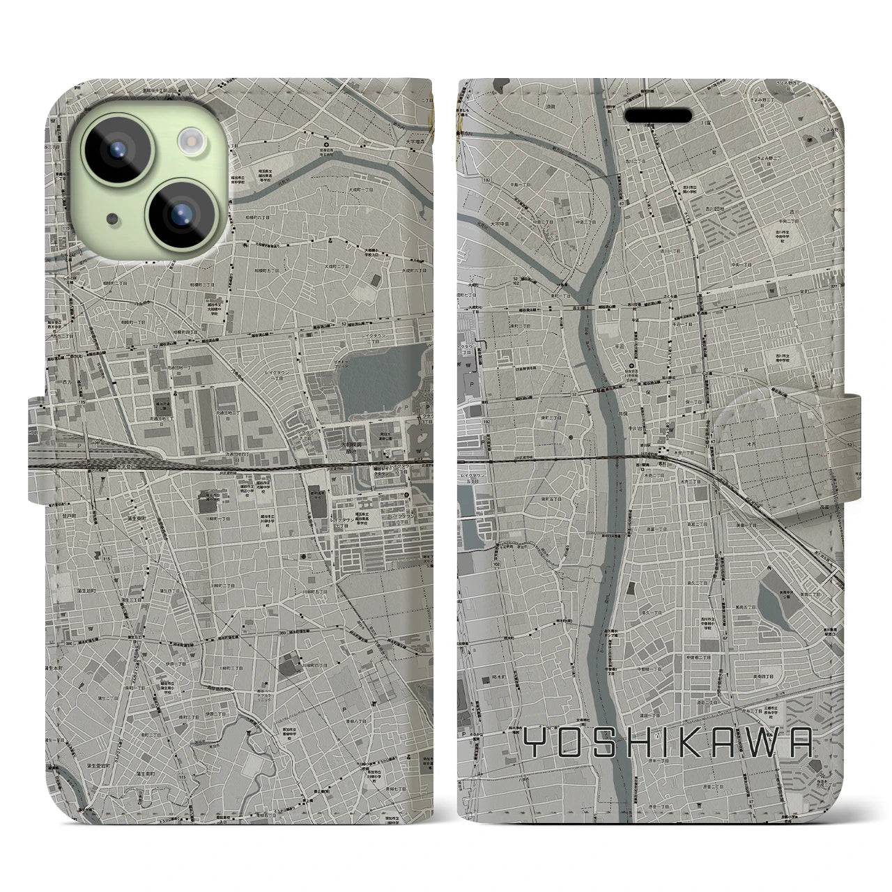 【吉川】地図柄iPhoneケース（手帳両面タイプ・モノトーン）iPhone 15 用