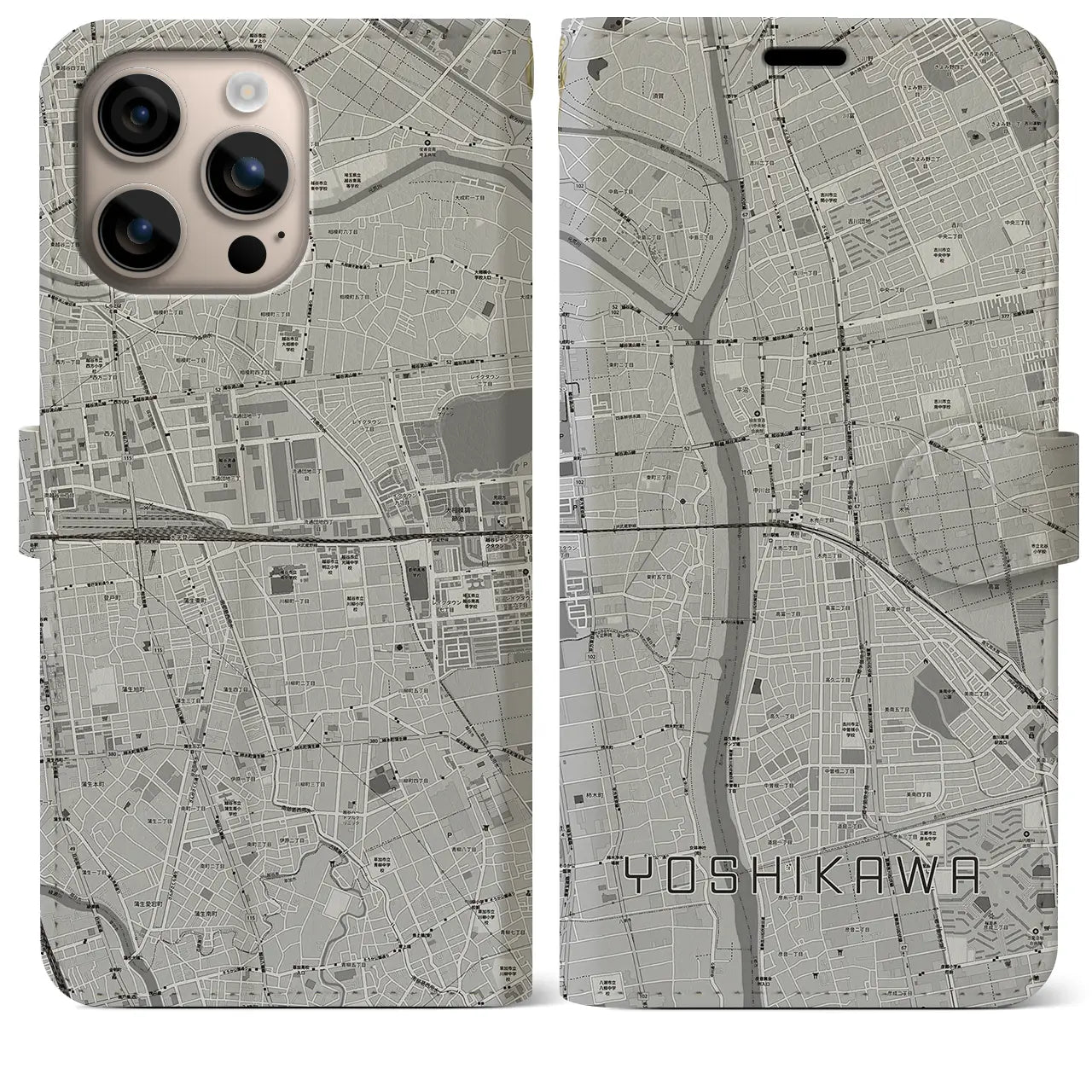 【吉川（埼玉県）】地図柄iPhoneケース（手帳タイプ）モノトーン・iPhone 16 Plus 用