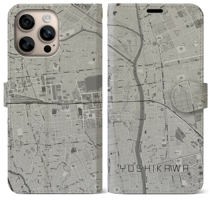 【吉川（埼玉県）】地図柄iPhoneケース（手帳タイプ）モノトーン・iPhone 16 Plus 用