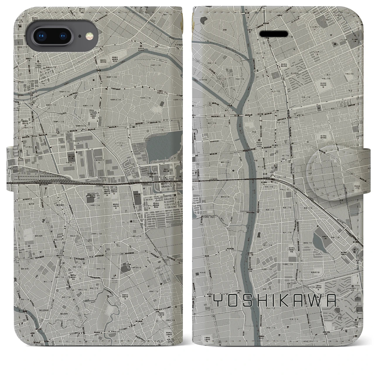 【吉川】地図柄iPhoneケース（手帳両面タイプ・モノトーン）iPhone 8Plus /7Plus / 6sPlus / 6Plus 用