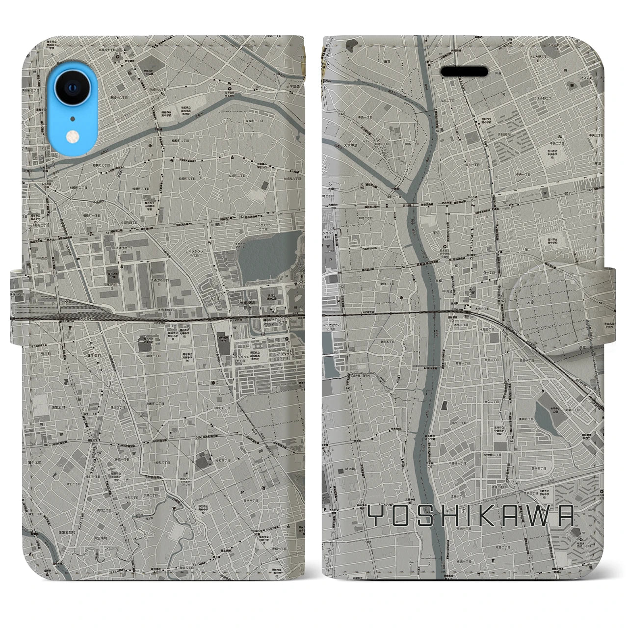 【吉川】地図柄iPhoneケース（手帳両面タイプ・モノトーン）iPhone XR 用