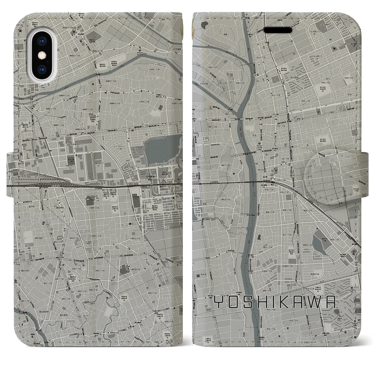 【吉川】地図柄iPhoneケース（手帳両面タイプ・モノトーン）iPhone XS Max 用