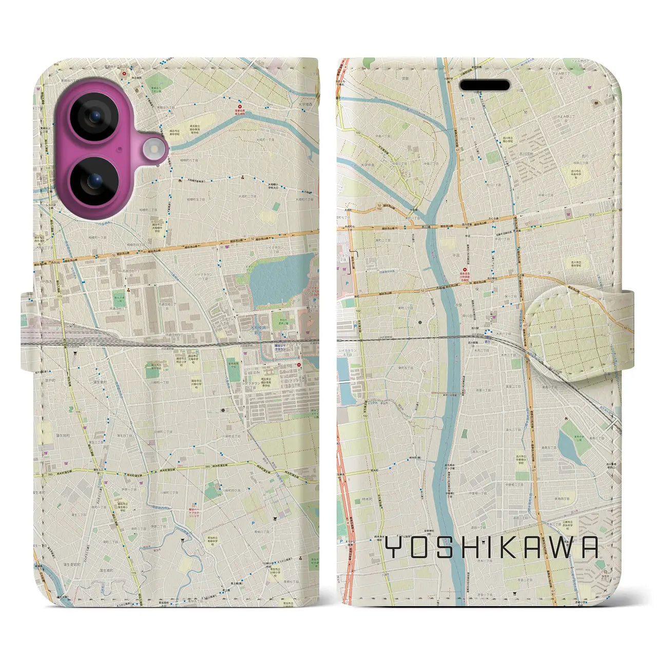 【吉川（埼玉県）】地図柄iPhoneケース（手帳タイプ）ナチュラル・iPhone 16 Pro 用