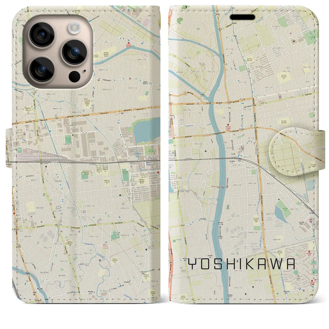 【吉川（埼玉県）】地図柄iPhoneケース（手帳タイプ）ナチュラル・iPhone 16 Plus 用