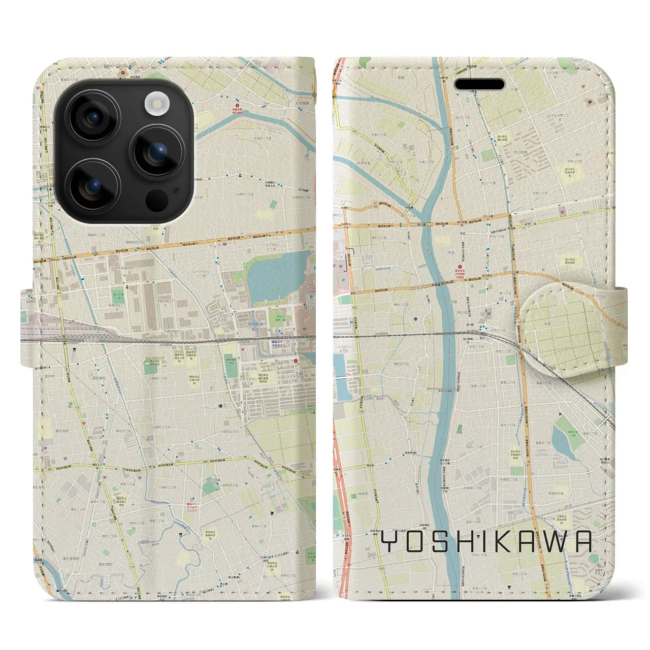 【吉川（埼玉県）】地図柄iPhoneケース（手帳タイプ）ナチュラル・iPhone 16 用