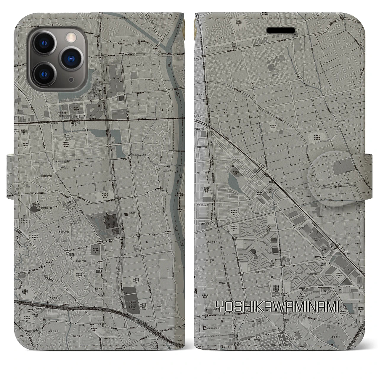 【吉川美南】地図柄iPhoneケース（手帳両面タイプ・モノトーン）iPhone 11 Pro Max 用