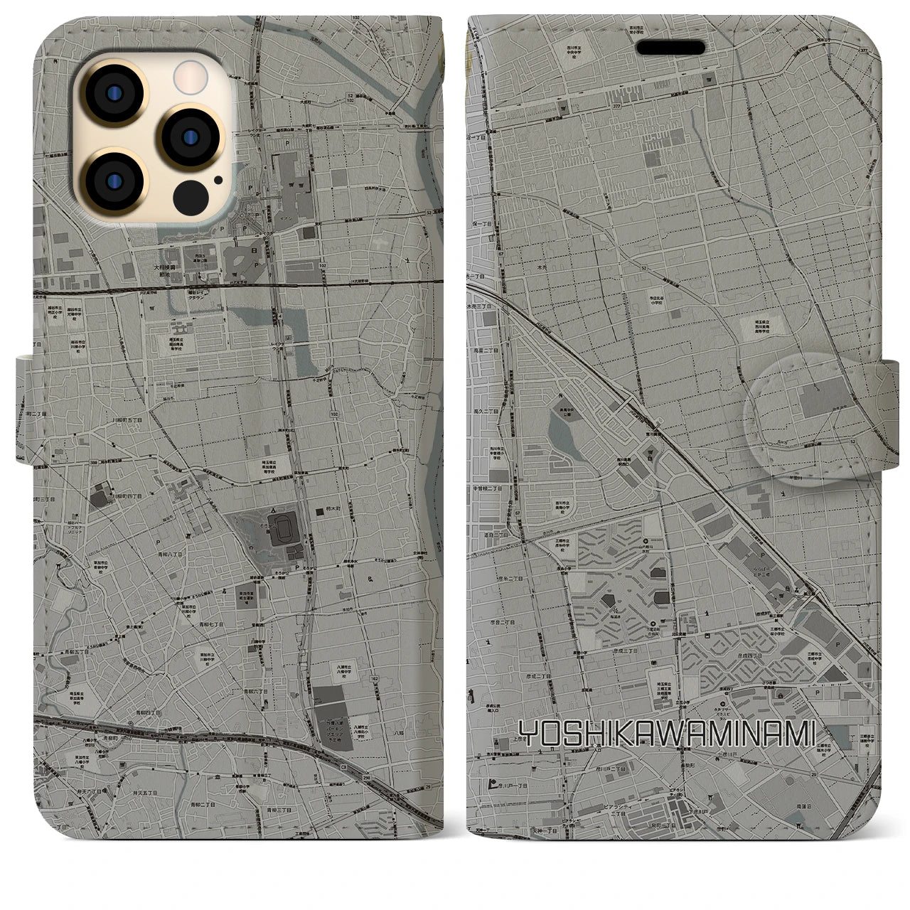 【吉川美南】地図柄iPhoneケース（手帳両面タイプ・モノトーン）iPhone 12 Pro Max 用