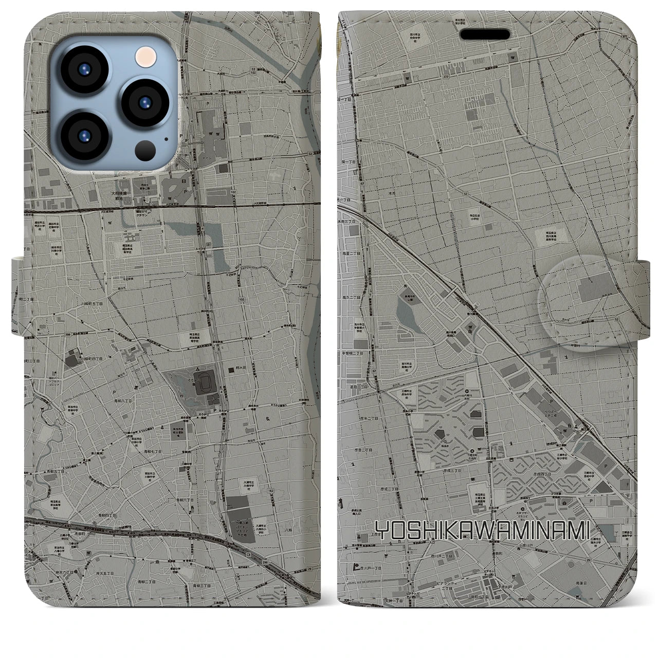 【吉川美南】地図柄iPhoneケース（手帳両面タイプ・モノトーン）iPhone 13 Pro Max 用