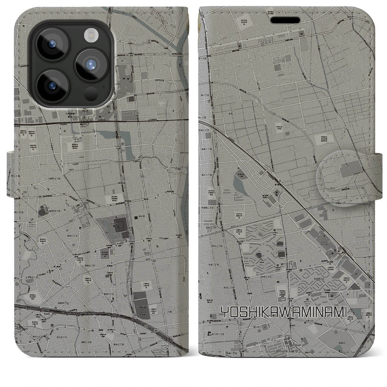【吉川美南】地図柄iPhoneケース（手帳両面タイプ・モノトーン）iPhone 15 Pro Max 用
