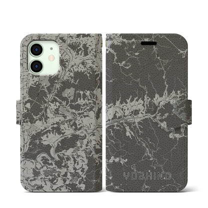 【吉野（奈良県）】地図柄iPhoneケース（手帳タイプ）モノトーン・iPhone 12 mini 用