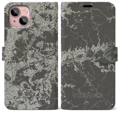 【吉野（奈良県）】地図柄iPhoneケース（手帳タイプ）モノトーン・iPhone 15 Plus 用