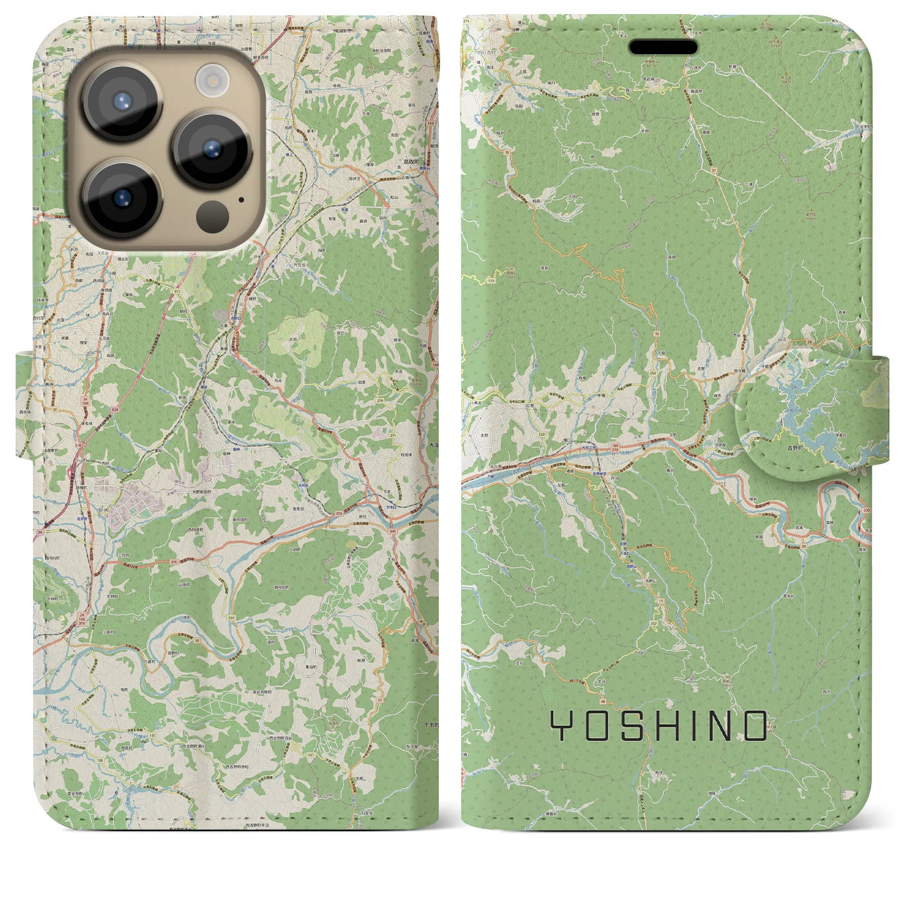 【吉野】地図柄iPhoneケース（手帳両面タイプ・ナチュラル）iPhone 14 Pro Max 用