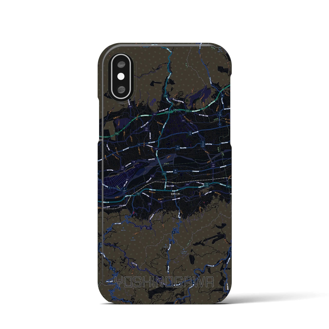 【吉野川（徳島県）】地図柄iPhoneケース（バックカバータイプ）ブラック・iPhone XS / X 用