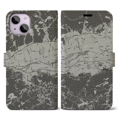 【吉野川（徳島県）】地図柄iPhoneケース（手帳タイプ）モノトーン・iPhone 14 用