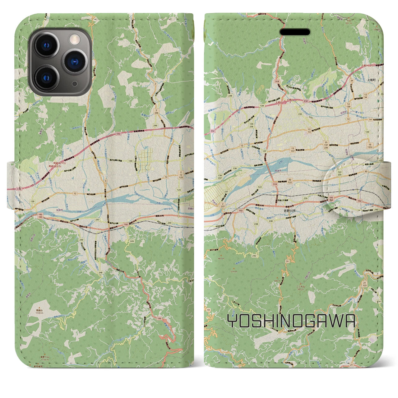 【吉野川（徳島県）】地図柄iPhoneケース（手帳タイプ）ナチュラル・iPhone 11 Pro Max 用