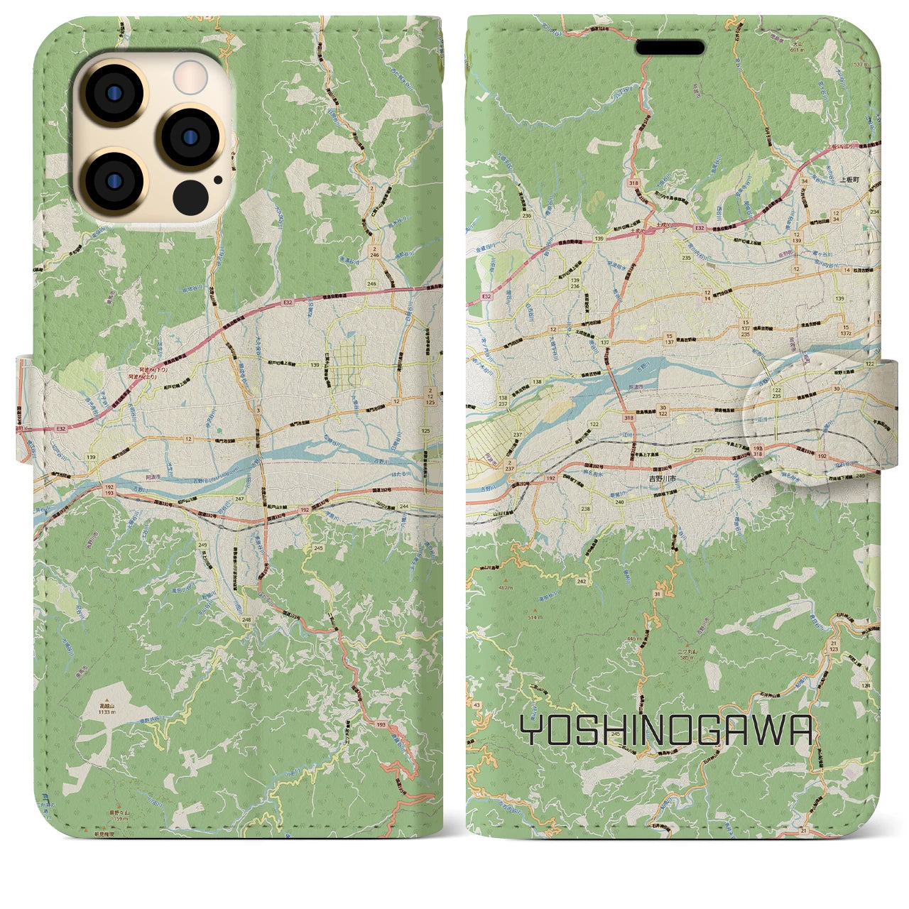 【吉野川（徳島県）】地図柄iPhoneケース（手帳タイプ）ナチュラル・iPhone 12 Pro Max 用