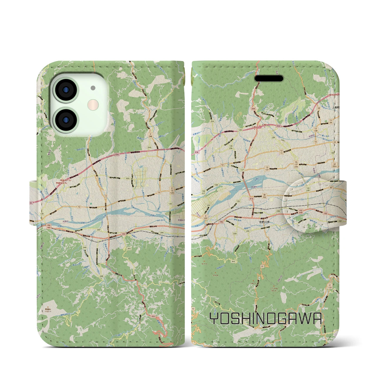 【吉野川（徳島県）】地図柄iPhoneケース（手帳タイプ）ナチュラル・iPhone 12 mini 用