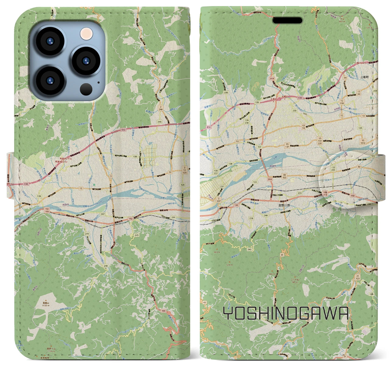 【吉野川（徳島県）】地図柄iPhoneケース（手帳タイプ）ナチュラル・iPhone 13 Pro Max 用