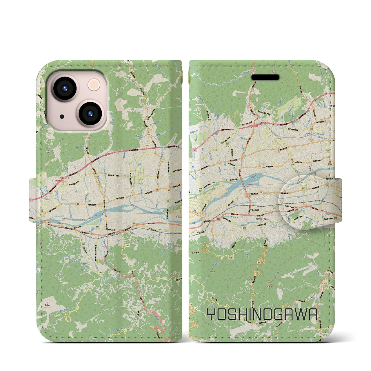 【吉野川（徳島県）】地図柄iPhoneケース（手帳タイプ）ナチュラル・iPhone 13 mini 用