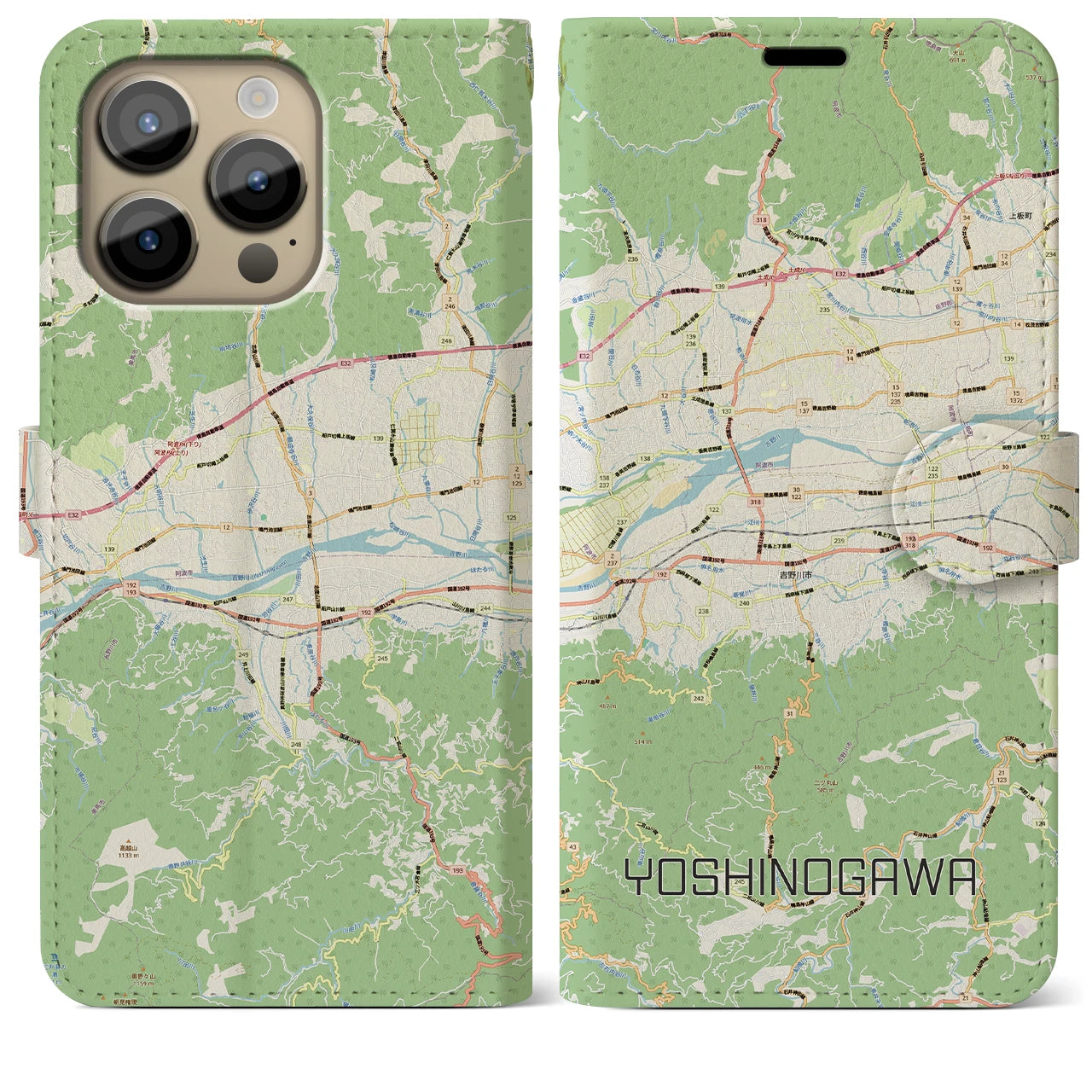 【吉野川（徳島県）】地図柄iPhoneケース（手帳タイプ）ナチュラル・iPhone 14 Pro Max 用