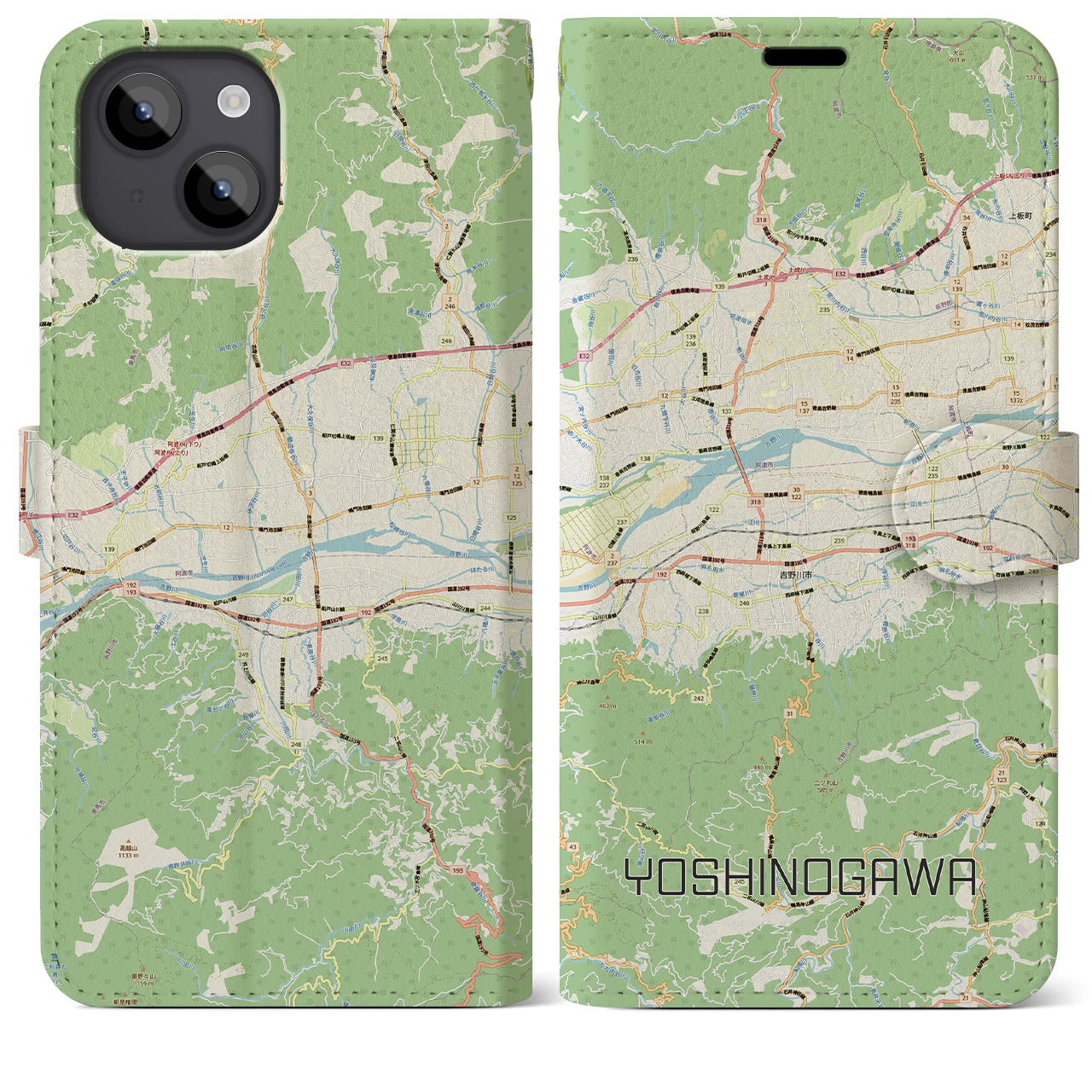 【吉野川（徳島県）】地図柄iPhoneケース（手帳タイプ）ナチュラル・iPhone 14 Plus 用