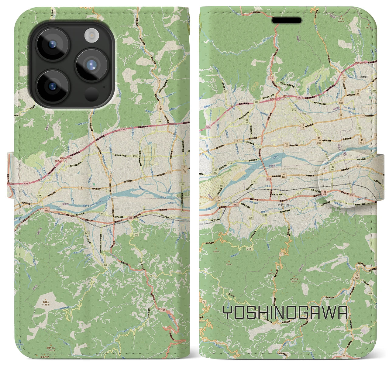 【吉野川（徳島県）】地図柄iPhoneケース（手帳タイプ）ナチュラル・iPhone 15 Pro Max 用