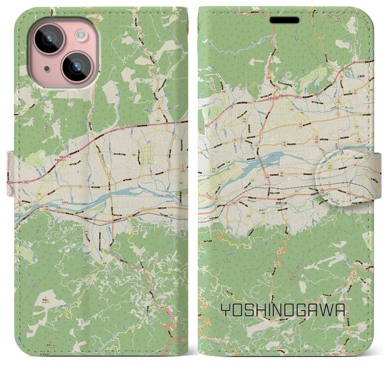 【吉野川（徳島県）】地図柄iPhoneケース（手帳タイプ）ナチュラル・iPhone 15 Plus 用