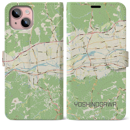 【吉野川（徳島県）】地図柄iPhoneケース（手帳タイプ）ナチュラル・iPhone 15 Plus 用