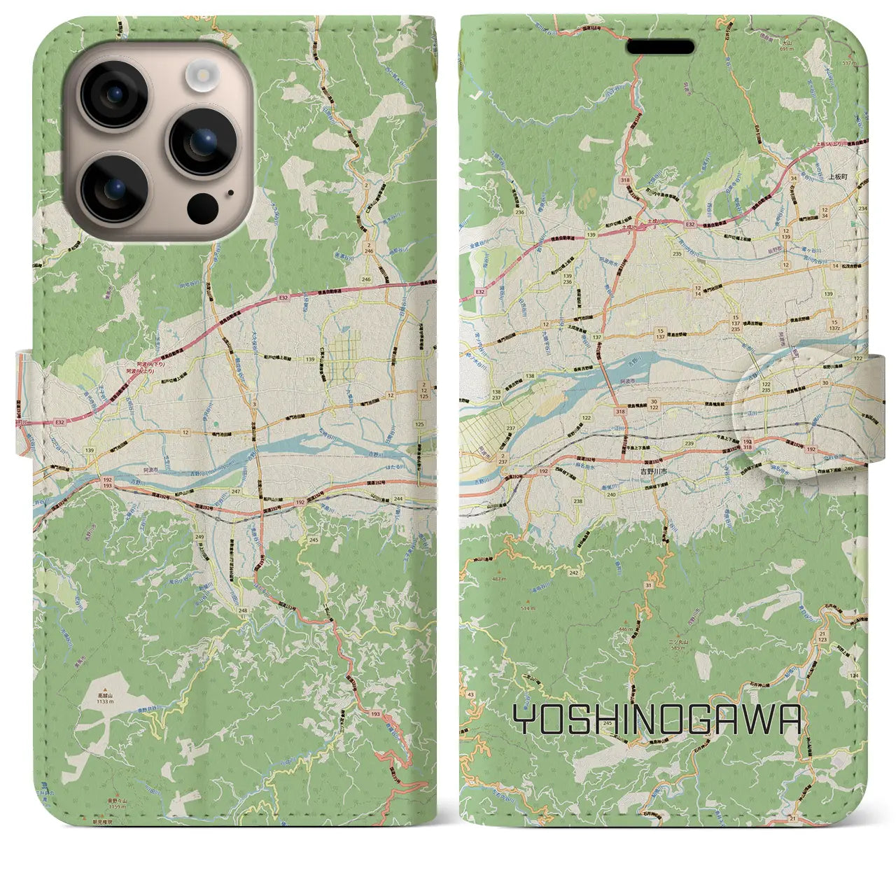 【吉野川（徳島県）】地図柄iPhoneケース（手帳タイプ）ナチュラル・iPhone 16 Plus 用