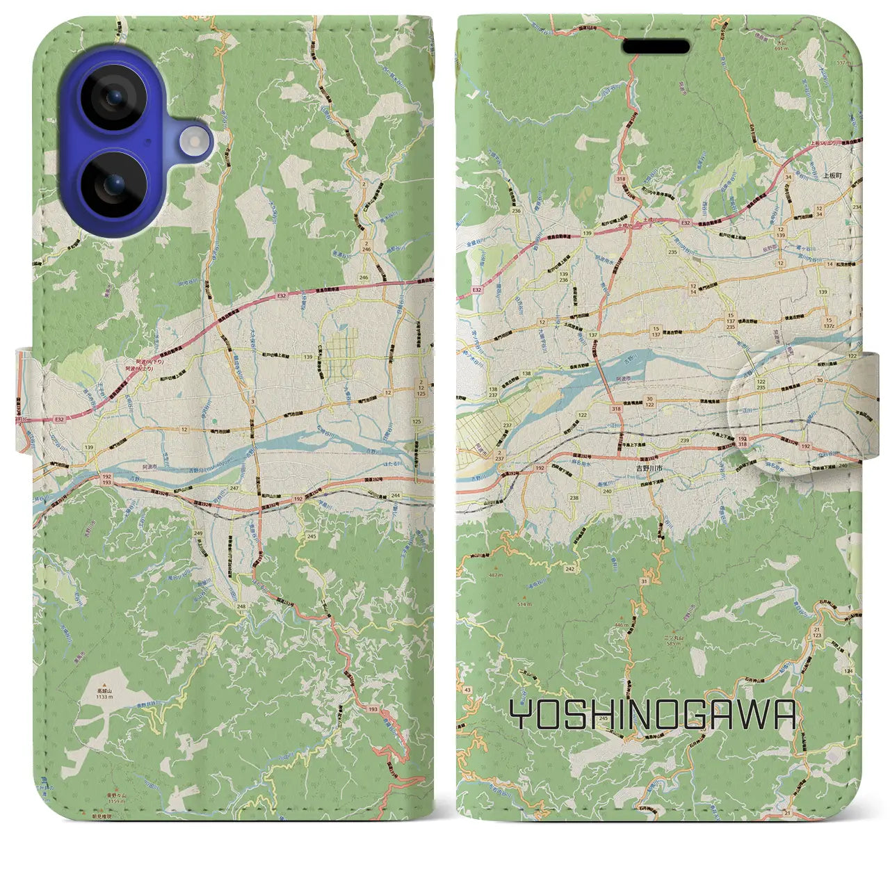 【吉野川（徳島県）】地図柄iPhoneケース（手帳タイプ）ナチュラル・iPhone 16 Pro Max 用