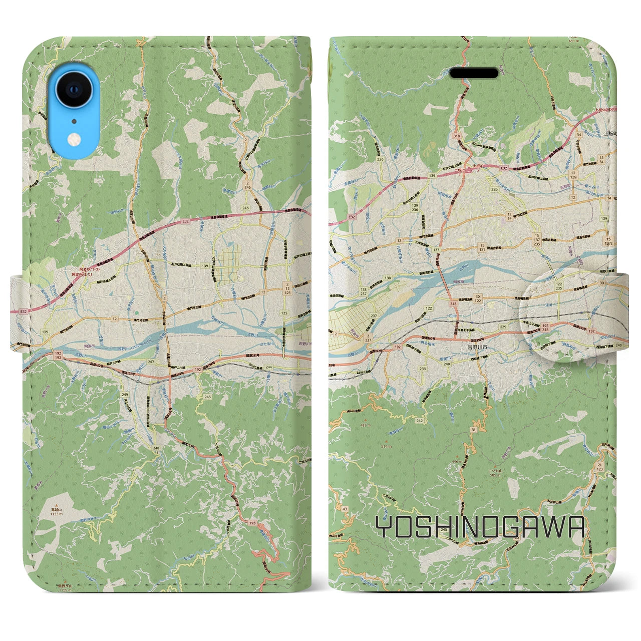 【吉野川（徳島県）】地図柄iPhoneケース（手帳タイプ）ナチュラル・iPhone XR 用