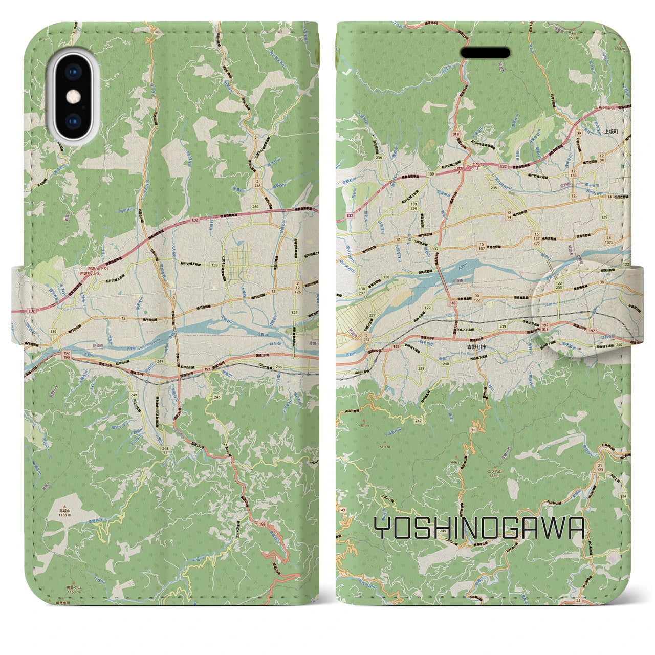 【吉野川（徳島県）】地図柄iPhoneケース（手帳タイプ）ナチュラル・iPhone XS Max 用