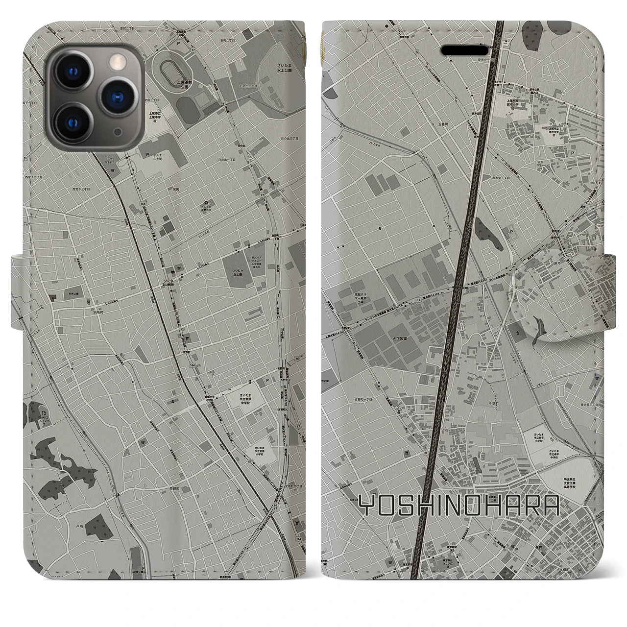 【吉野原】地図柄iPhoneケース（手帳両面タイプ・モノトーン）iPhone 11 Pro Max 用