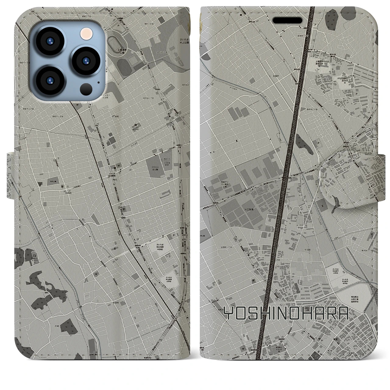 【吉野原】地図柄iPhoneケース（手帳両面タイプ・モノトーン）iPhone 13 Pro Max 用