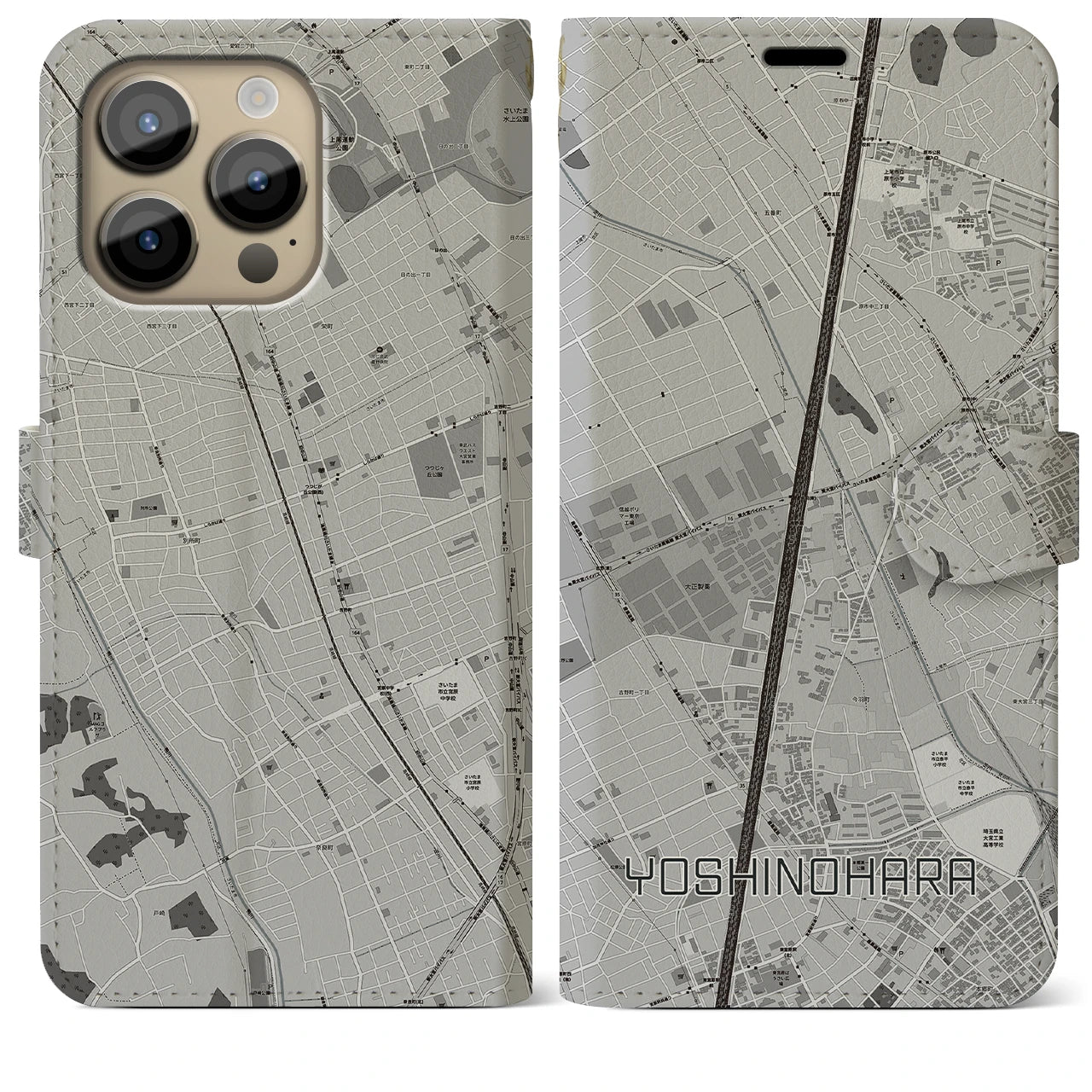 【吉野原】地図柄iPhoneケース（手帳両面タイプ・モノトーン）iPhone 14 Pro Max 用