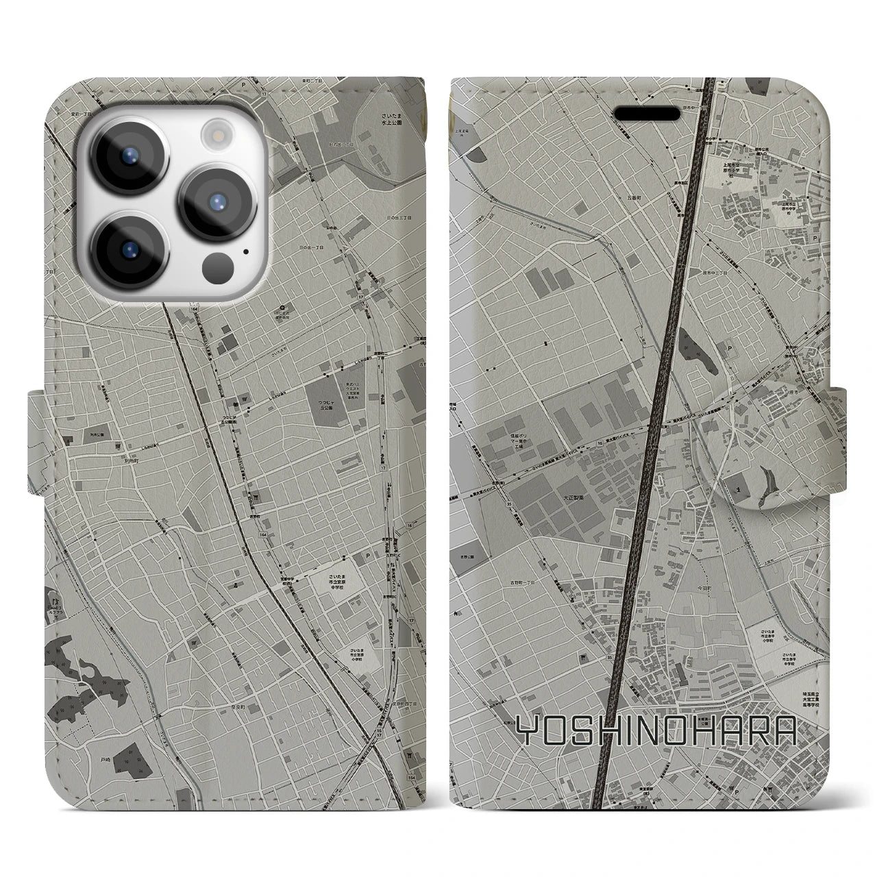【吉野原】地図柄iPhoneケース（手帳両面タイプ・モノトーン）iPhone 14 Pro 用
