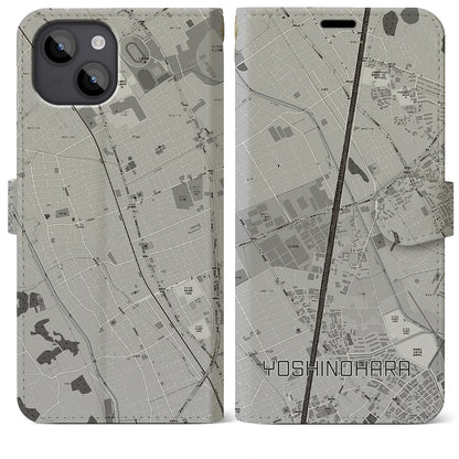 【吉野原（埼玉県）】地図柄iPhoneケース（手帳タイプ）モノトーン・iPhone 14 Plus 用