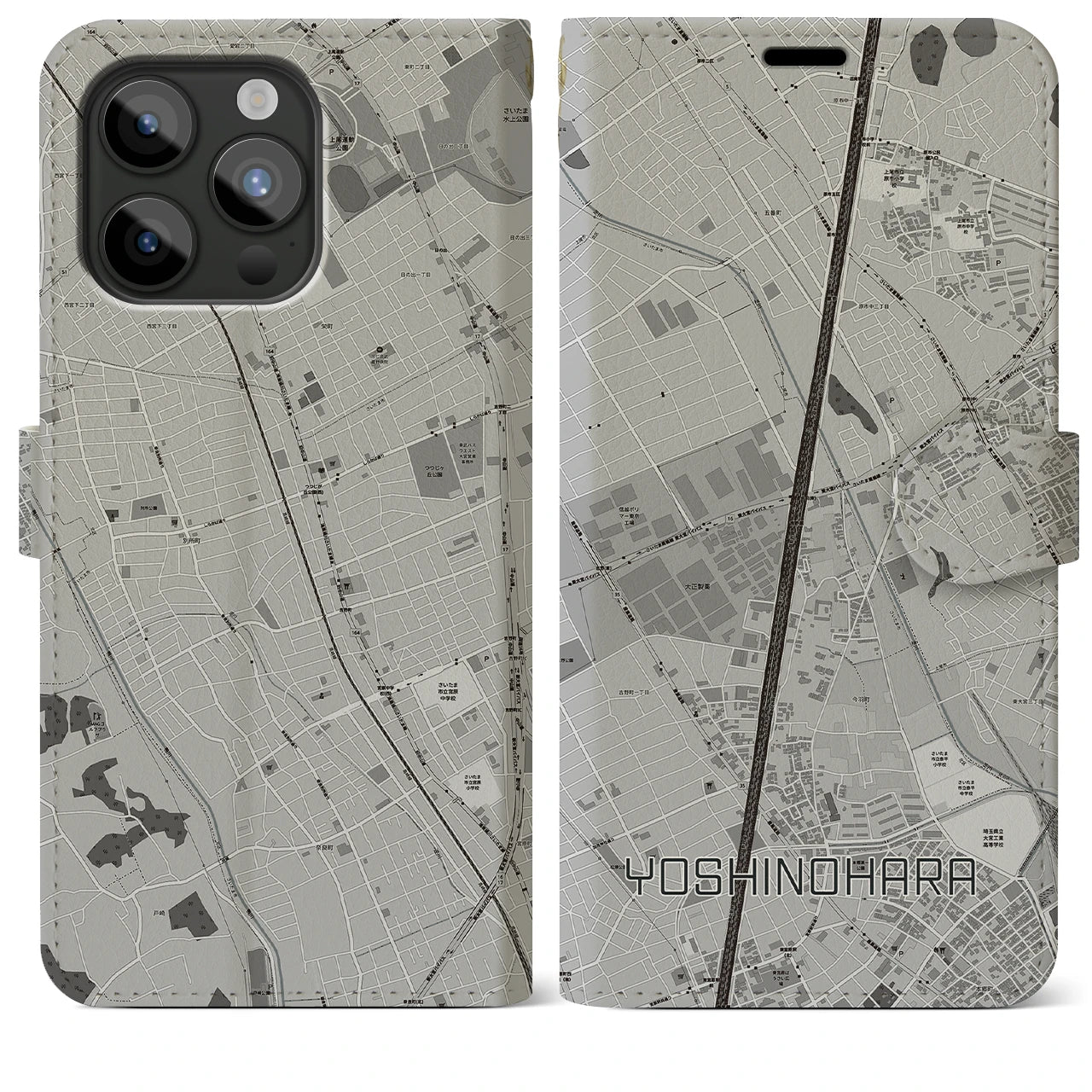 【吉野原】地図柄iPhoneケース（手帳両面タイプ・モノトーン）iPhone 15 Pro Max 用