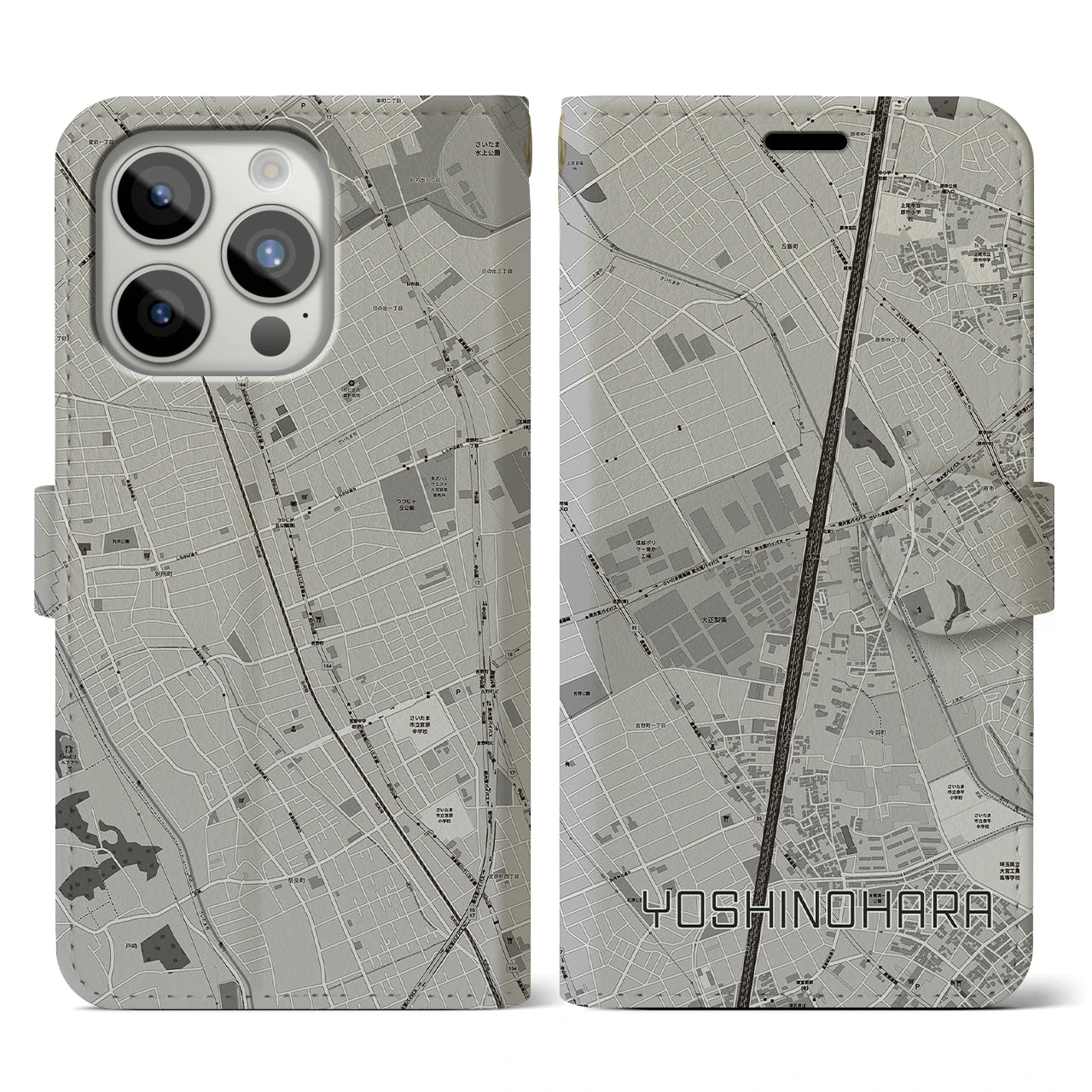 【吉野原】地図柄iPhoneケース（手帳両面タイプ・モノトーン）iPhone 15 Pro 用
