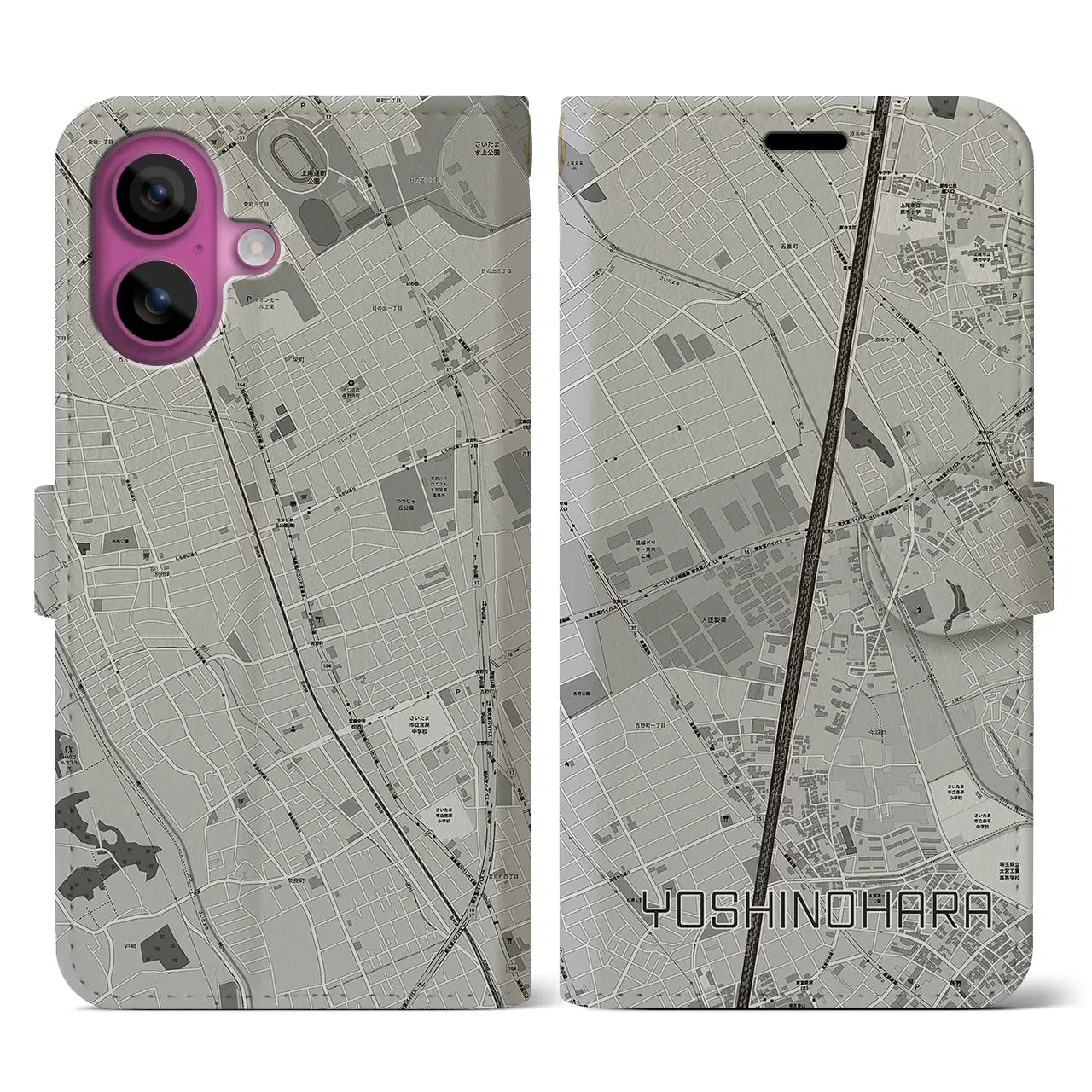 【吉野原（埼玉県）】地図柄iPhoneケース（手帳タイプ）モノトーン・iPhone 16 Pro 用