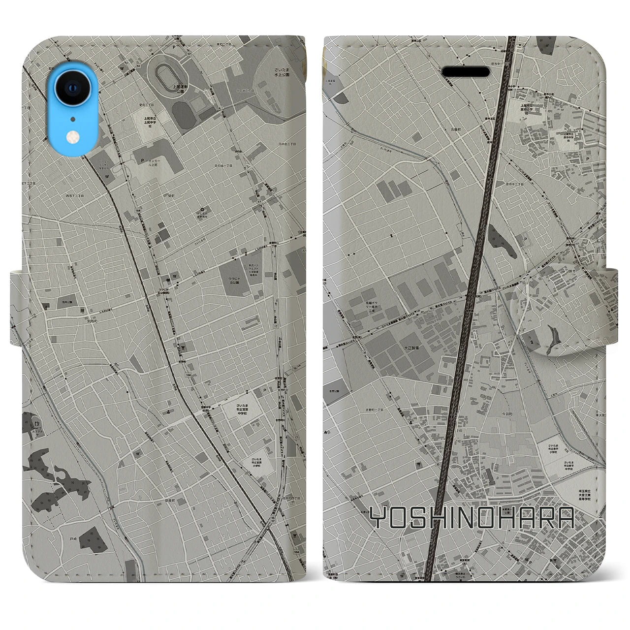 【吉野原】地図柄iPhoneケース（手帳両面タイプ・モノトーン）iPhone XR 用