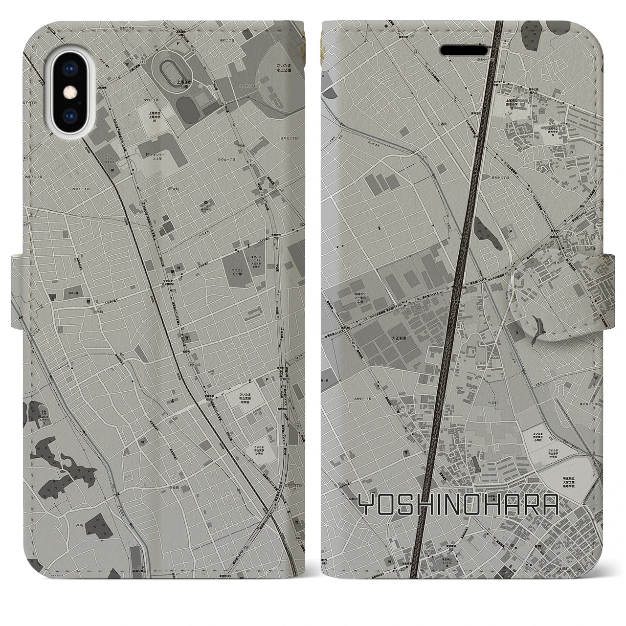 【吉野原】地図柄iPhoneケース（手帳両面タイプ・モノトーン）iPhone XS Max 用