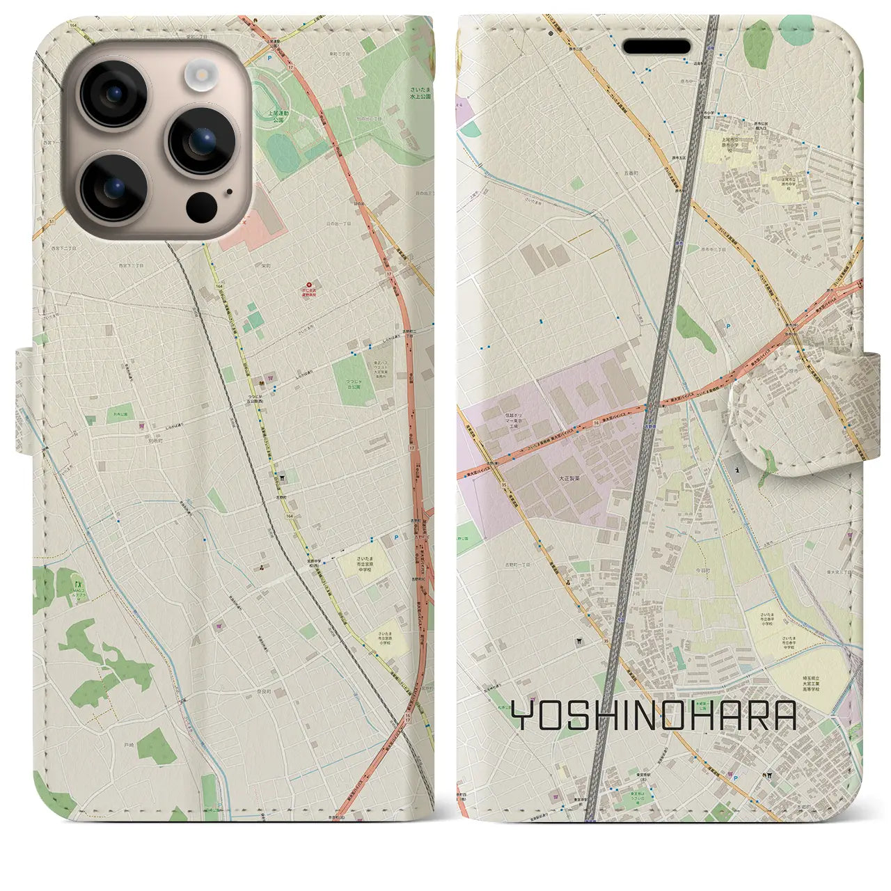 【吉野原（埼玉県）】地図柄iPhoneケース（手帳タイプ）ナチュラル・iPhone 16 Plus 用