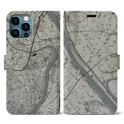 【四ツ木（東京都）】地図柄iPhoneケース（手帳タイプ）モノトーン・iPhone 12 / 12 Pro 用