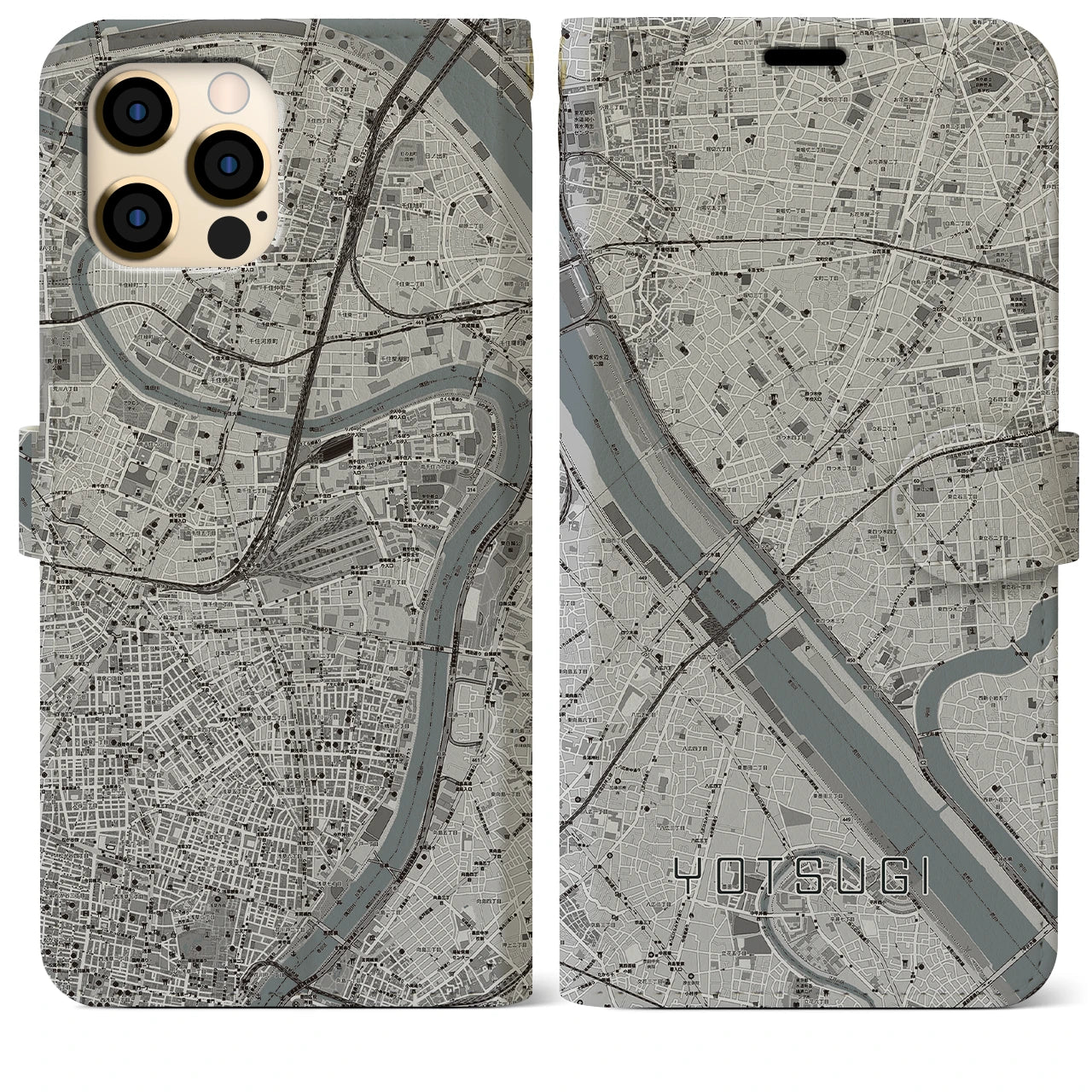 【四ツ木】地図柄iPhoneケース（手帳両面タイプ・モノトーン）iPhone 12 Pro Max 用