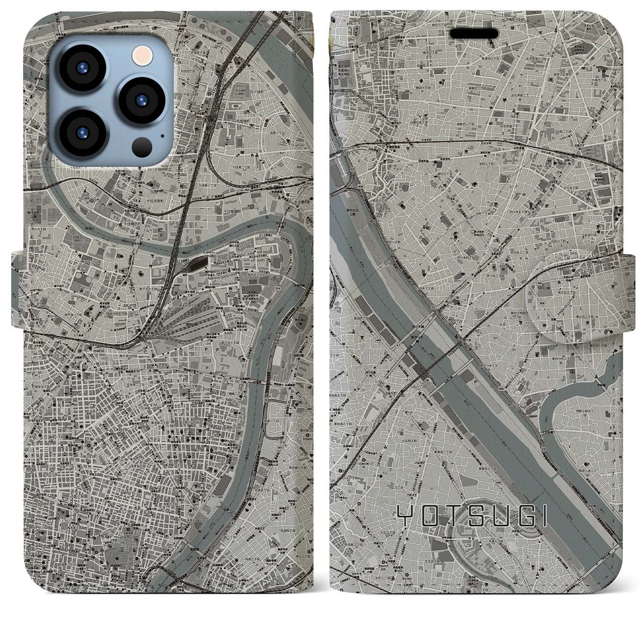 【四ツ木】地図柄iPhoneケース（手帳両面タイプ・モノトーン）iPhone 13 Pro Max 用