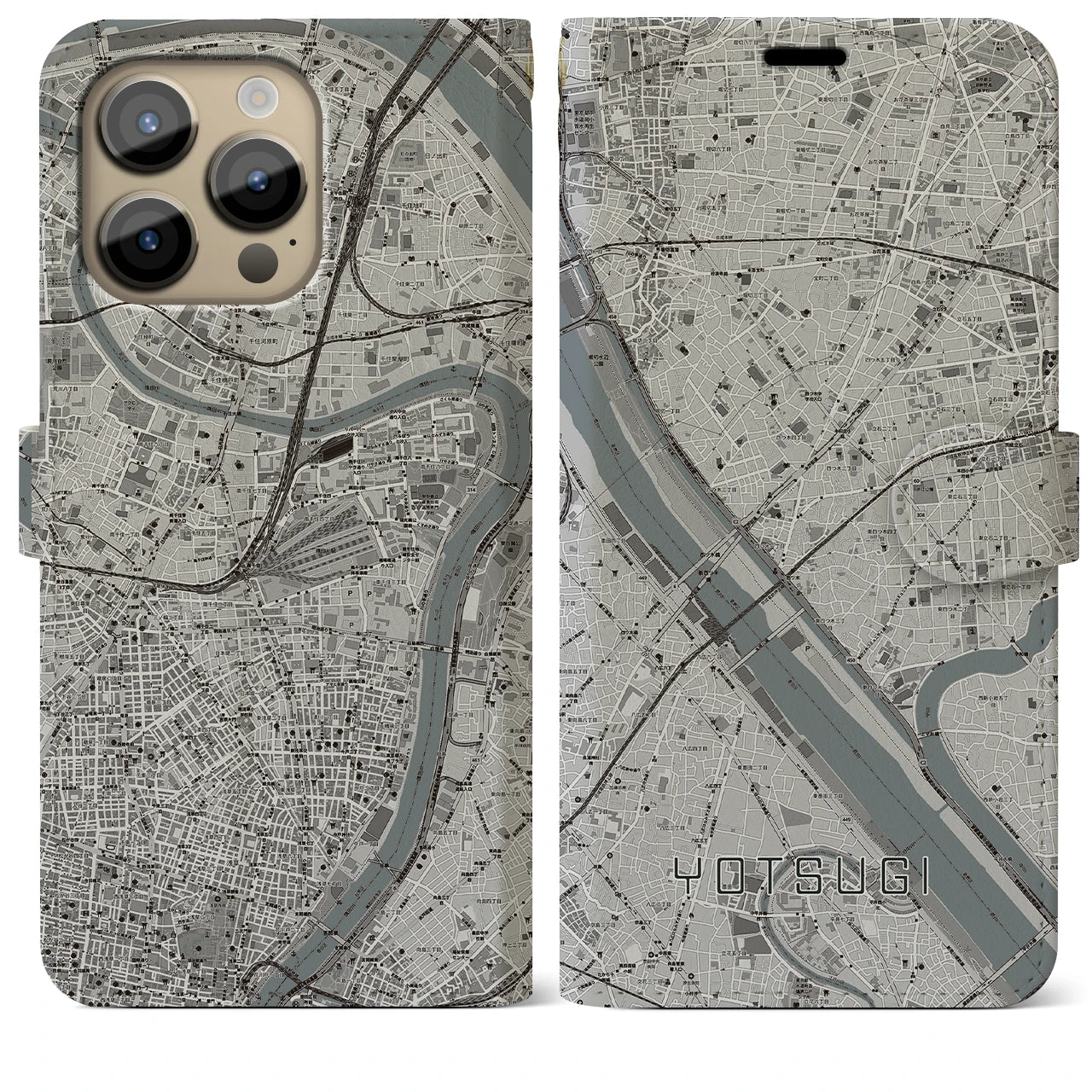 【四ツ木】地図柄iPhoneケース（手帳両面タイプ・モノトーン）iPhone 14 Pro Max 用