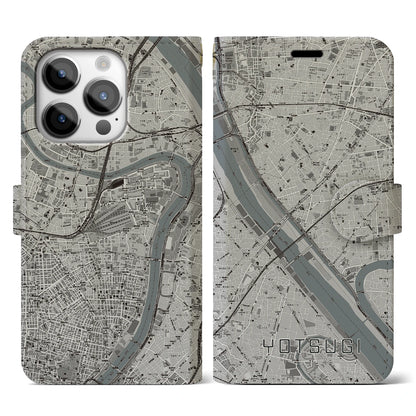 【四ツ木（東京都）】地図柄iPhoneケース（手帳タイプ）モノトーン・iPhone 14 Pro 用