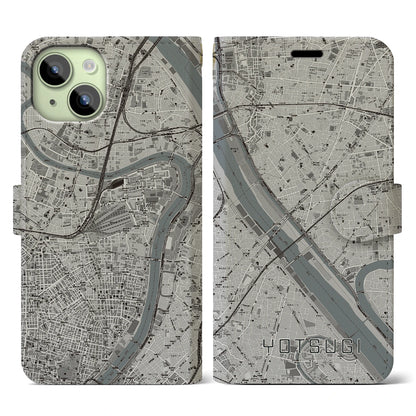 【四ツ木（東京都）】地図柄iPhoneケース（手帳タイプ）モノトーン・iPhone 15 用