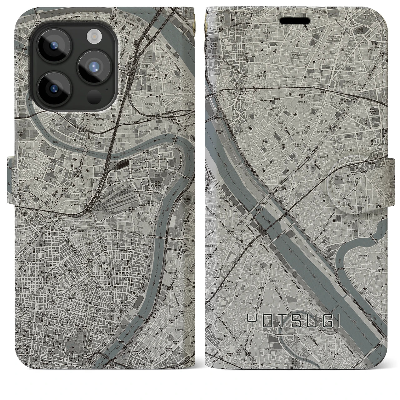 【四ツ木】地図柄iPhoneケース（手帳両面タイプ・モノトーン）iPhone 15 Pro Max 用